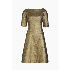 NEW Teri Jon by Rickie Freeman Dress Women's 18 Gold Jacquard Zipper Pockets